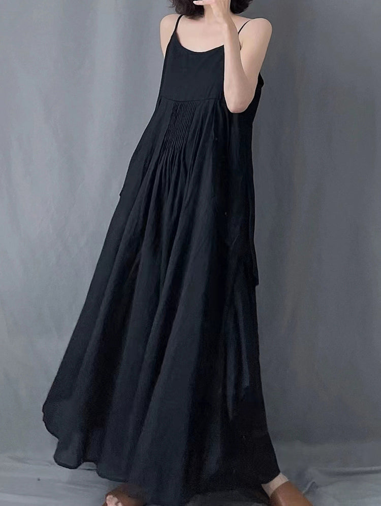 Black Pleated Irregular Suspender Maxi Dress Sleeveless