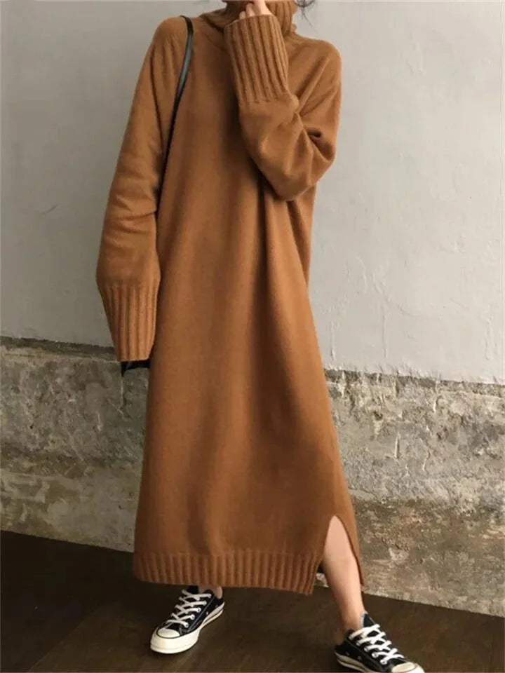 Simple Camel Turtleneck Long Sleeve Slit Hem Knitted Dress