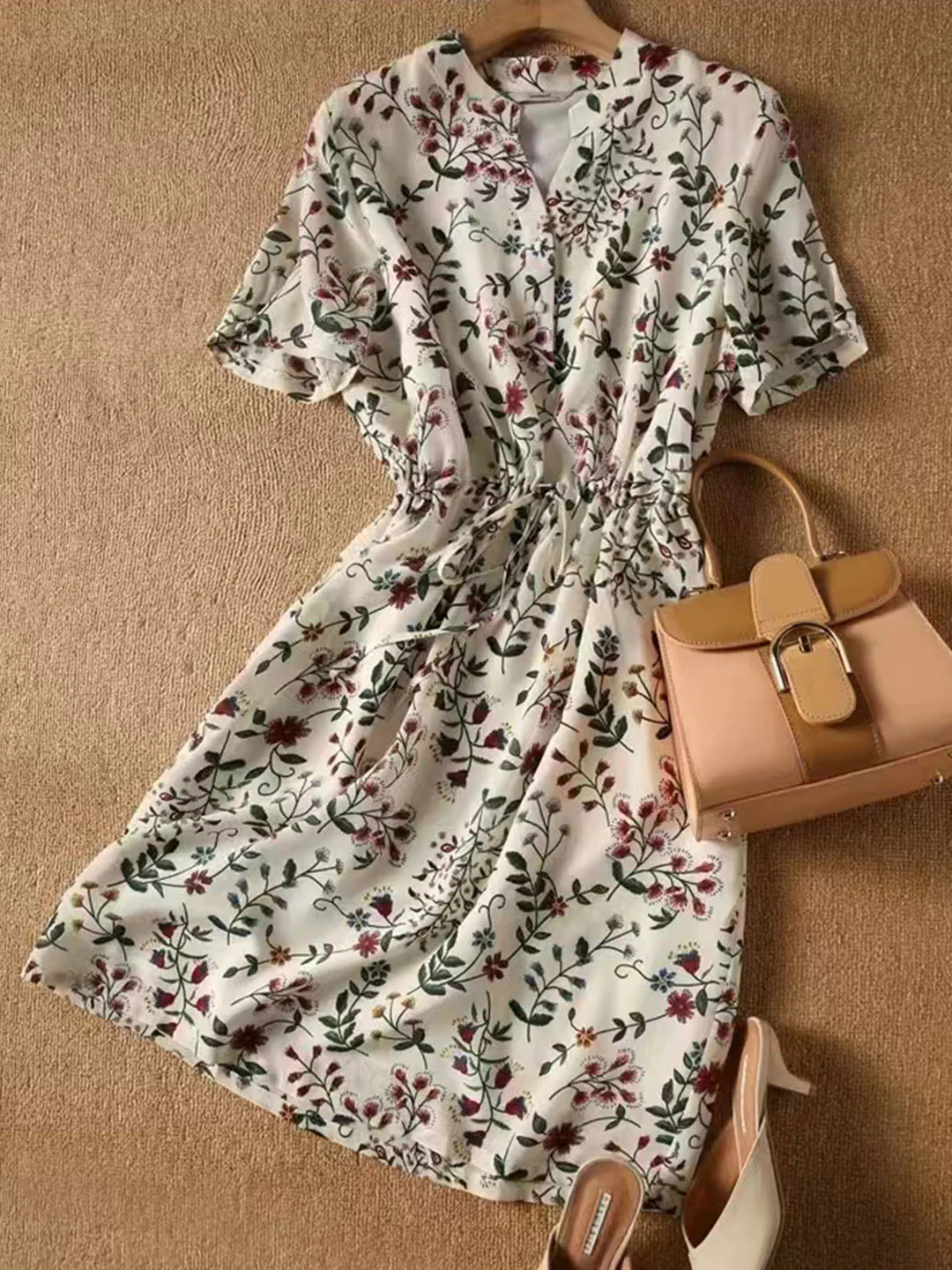 Elegant Printed Drawstring Chiffon Short Sleeve Dress