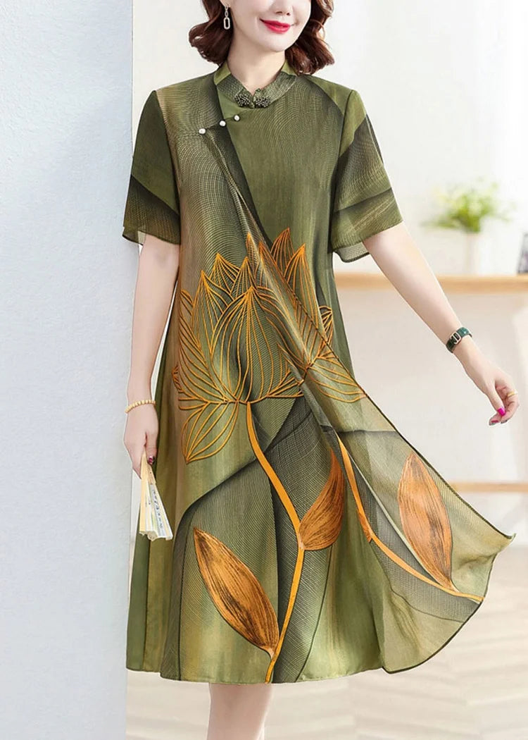 Classy Green Stand Collar Lotus Print Patchwork Silk Dress Summer