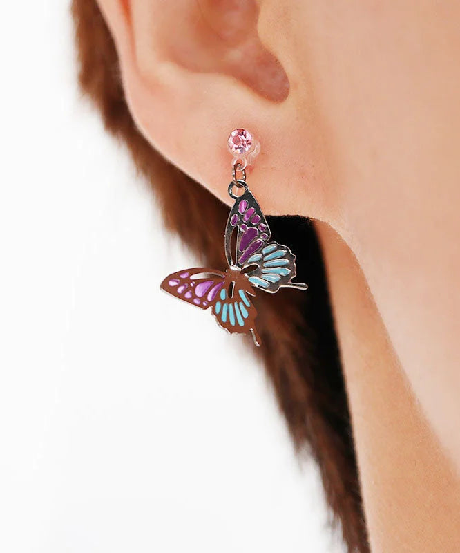 Chic Purple Butterfly Metal Asymmetrical Design Crystal Drop Earrings