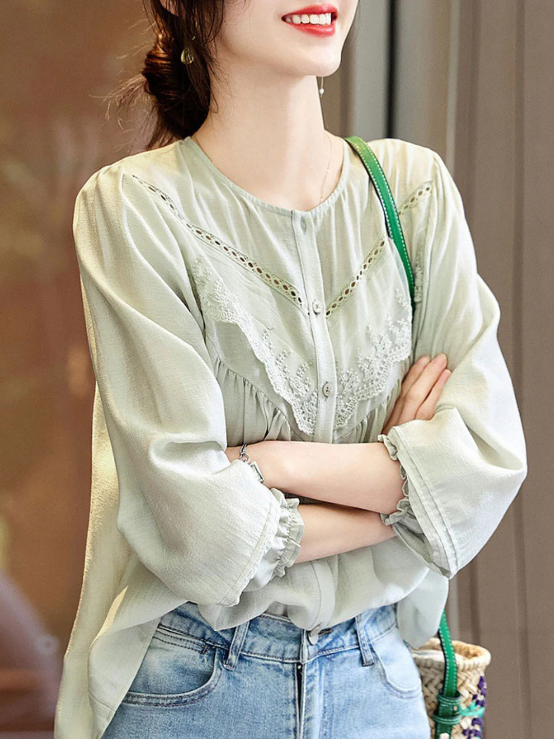 Elegant Cutout Short Sleeve Lace Blouse