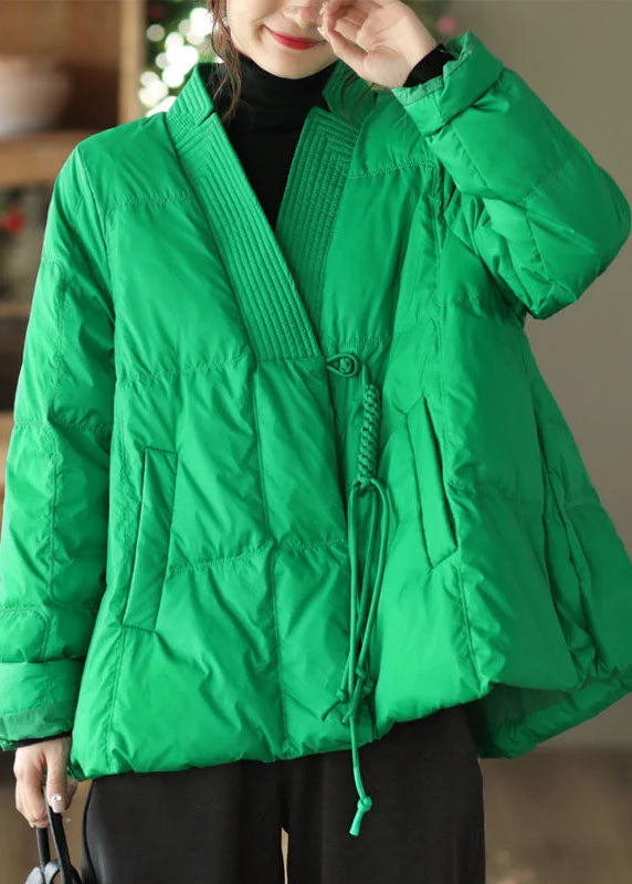 Style Green V Neck Oversized Oriental Button Duck Down Puffer Coat Winter