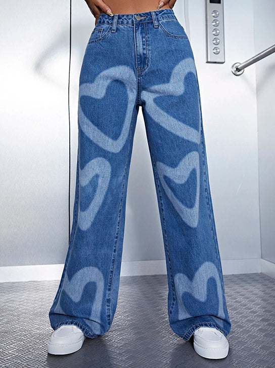 Wide Leg Heart Shape Printed Denim Pants