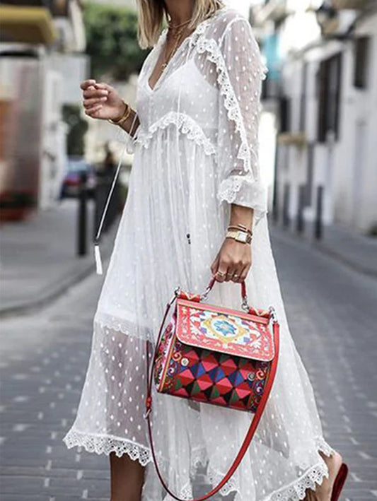 White Jacquard Polka Dot See-through Maxi Dress Long Sleeve