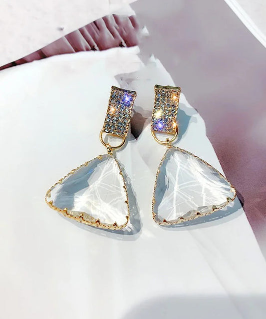 Simple White Alloy Zircon Triangle Crystal Drop Earrings