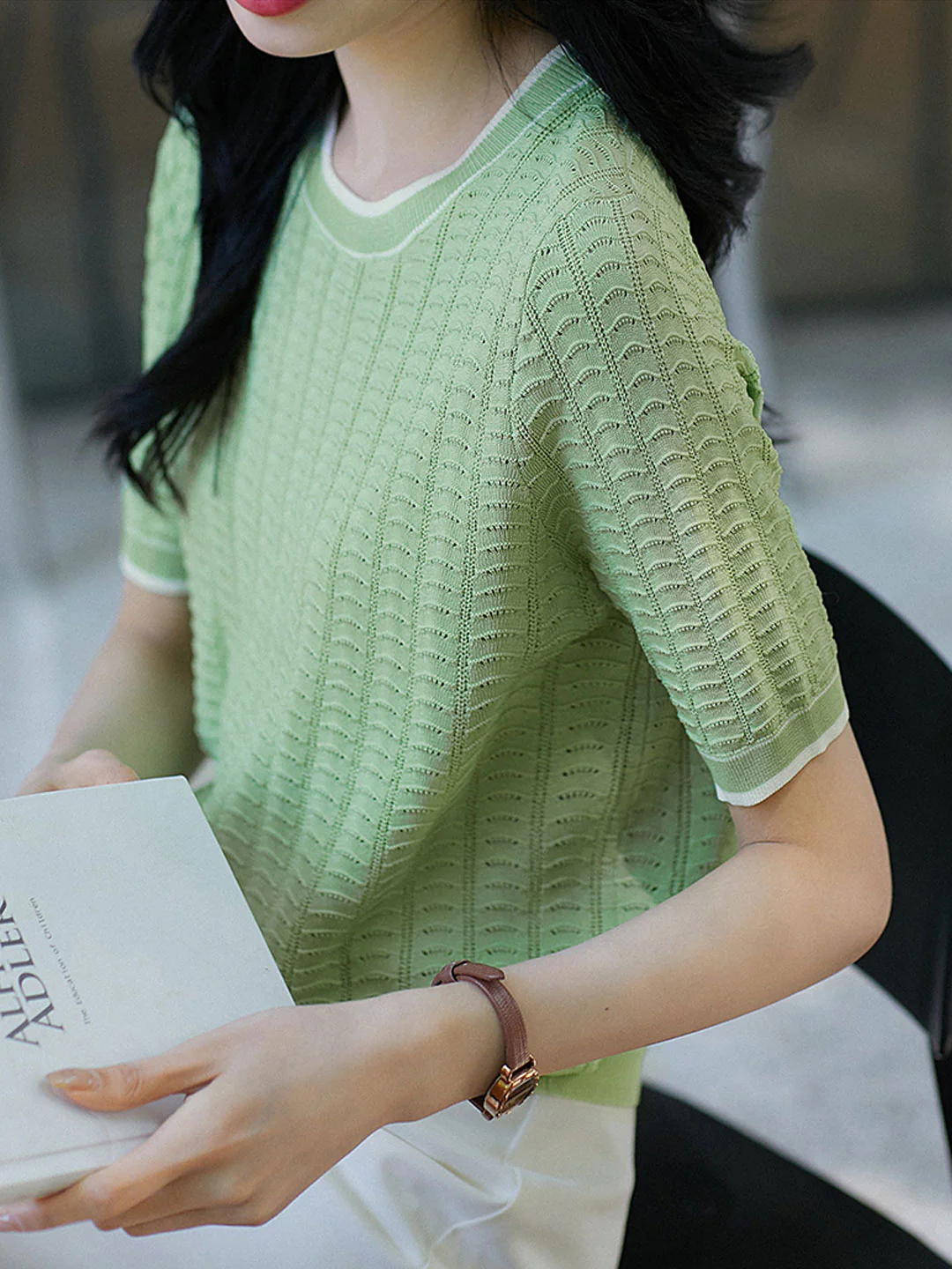 Elegant Round Neck Knit Short Sleeve Shirt Top