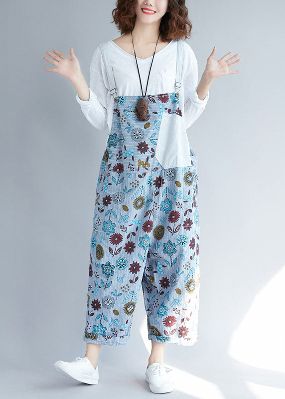 light Grey pockets Patchwork Casual Floral denim Jumpsuits