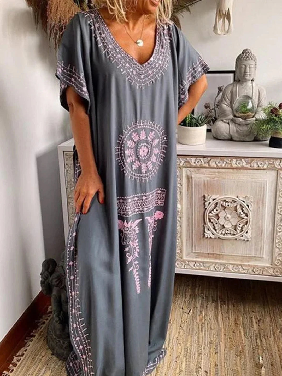 Bohemian V Neck Maxi Dress Short Sleeve