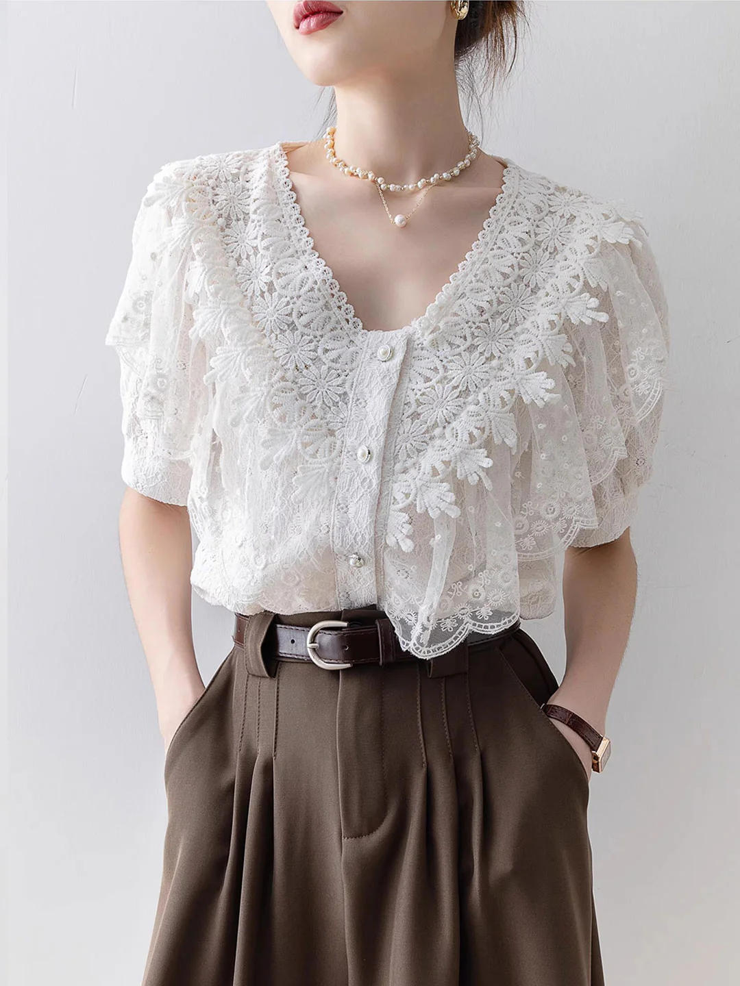 Elegant V-Neck Lace Patchwork Short Sleeve Blouse Top