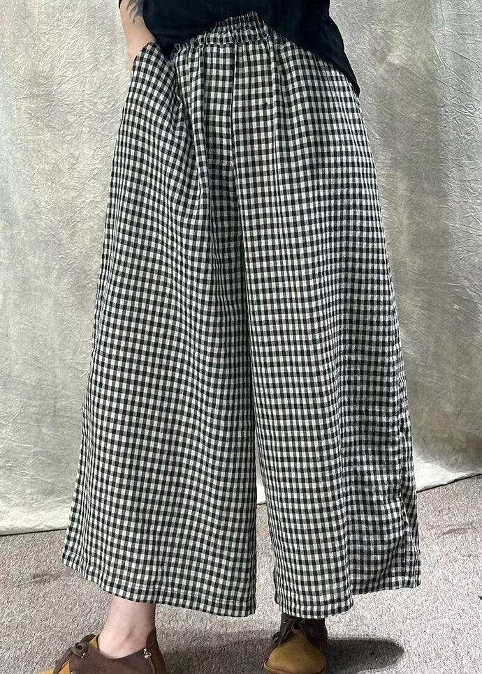 Loose Plaid Pocket Elastic Waist Cotton Wide Leg Pants