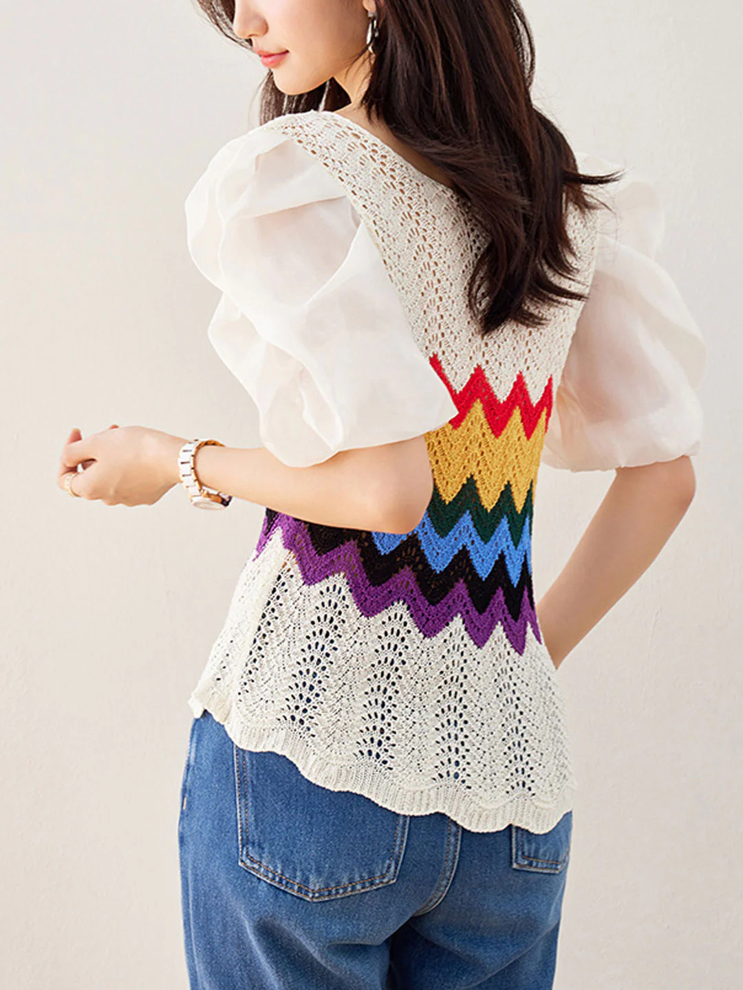 Elegant Patchwork Bubble Sleeve Cutout Knit Top