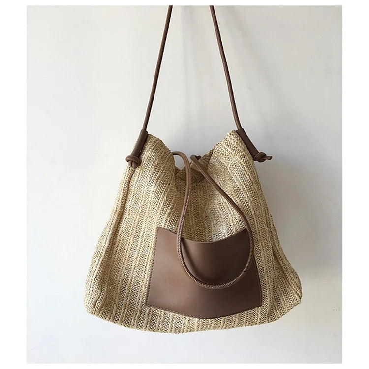 Handbags Straw Woven Tote Bag with Leather Accent
