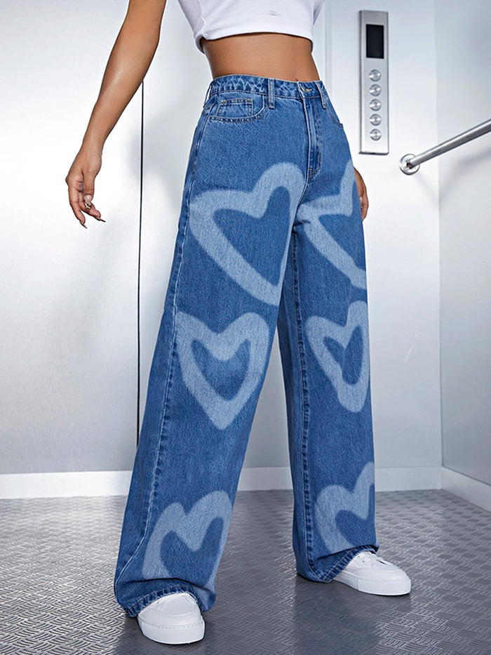 Wide Leg Heart Shape Printed Denim Pants