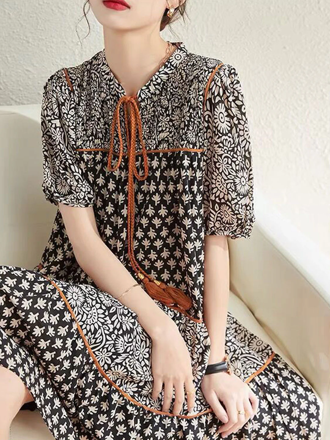 French V-Neck Floral Tie Chiffon Short Sleeve Dress