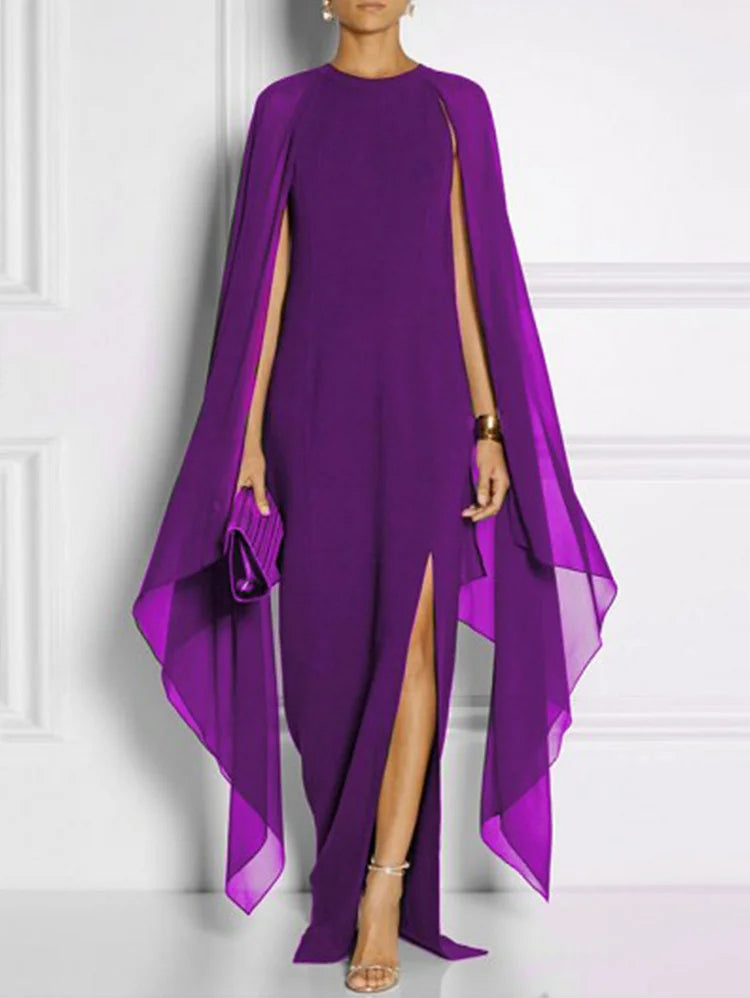 Purple Elegant Thigh Split Hem Cloak Sleeve Maxi Dress