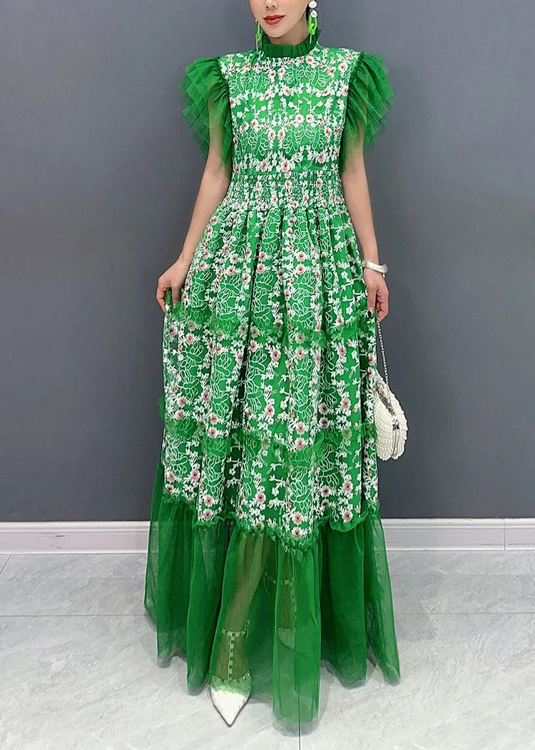 Italian Green Print Ruffled Patchwork Tulle Dresses Butterfly Sleeve