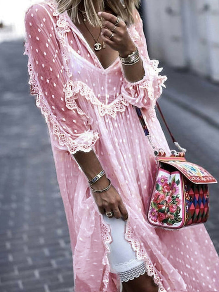 White Jacquard Polka Dot See-through Maxi Dress Long Sleeve