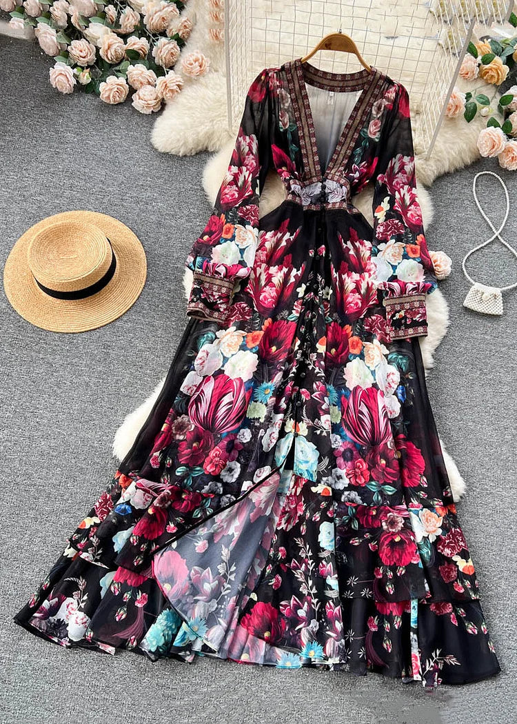 Italian Apricot V Neck Print Elastic Waist Chiffon Maxi Dresses Fall