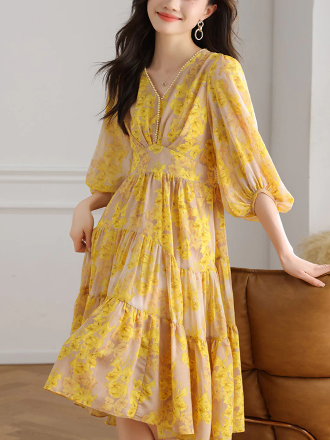 French V-Neck Lantern Sleeve Printed Long Dress