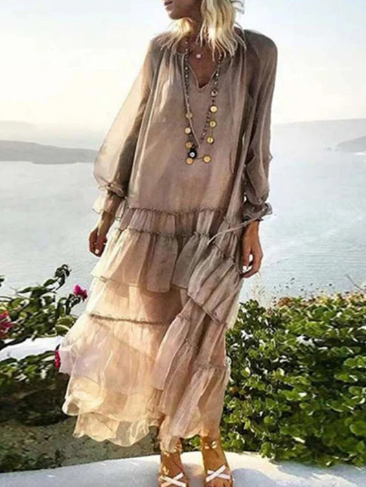 Bohemian Plain V Neck Spliced Sheer Mesh Ruffle Long Sleeve Maxi Dress