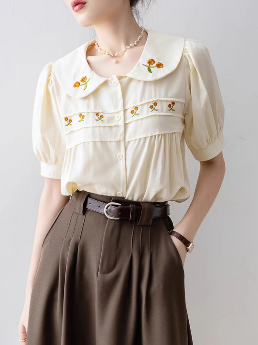 Casual Doll Neck Embroidered Cardigan Shirt Short Sleeve Top