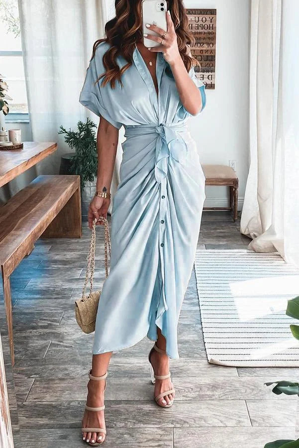 Amazing Satin Button Down Style Drape Dress