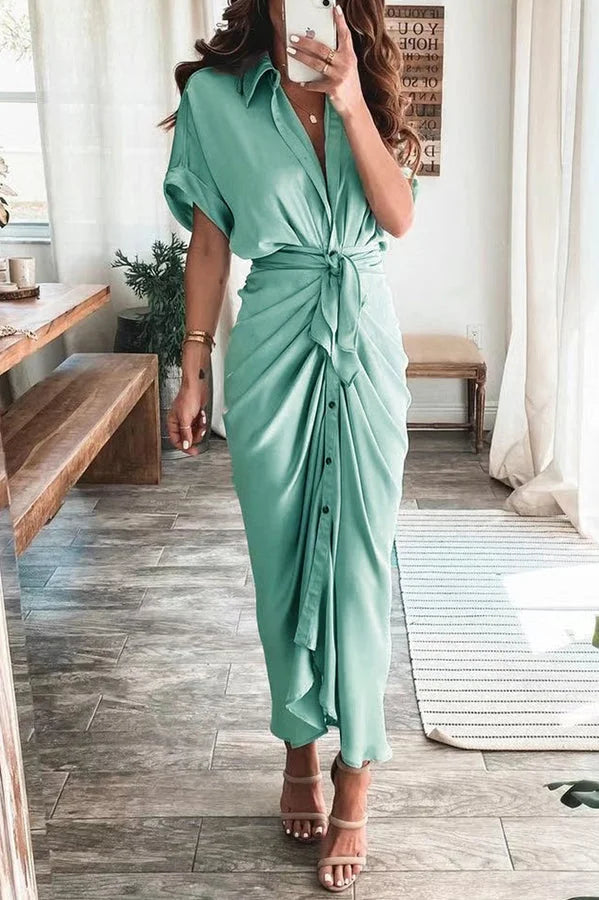 Amazing Satin Button Down Style Drape Dress