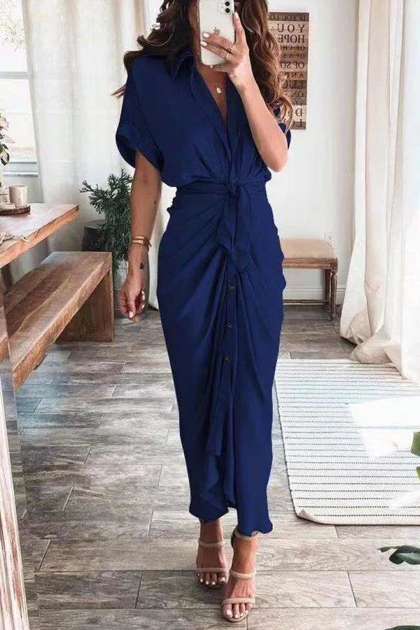 Amazing Satin Button Down Style Drape Dress