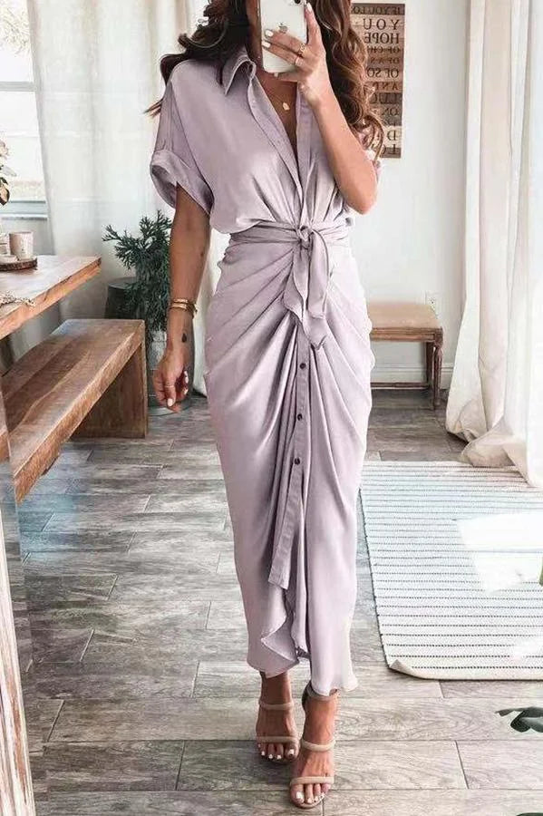 Amazing Satin Button Down Style Drape Dress