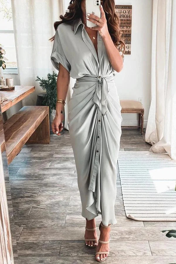 Amazing Satin Button Down Style Drape Dress