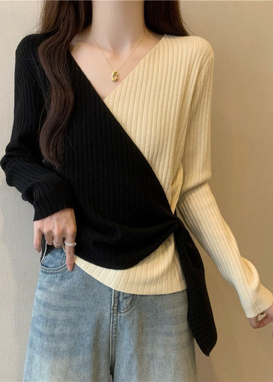 Apricot Patchwork Knit Top Asymmetrical Cross Strap Fall