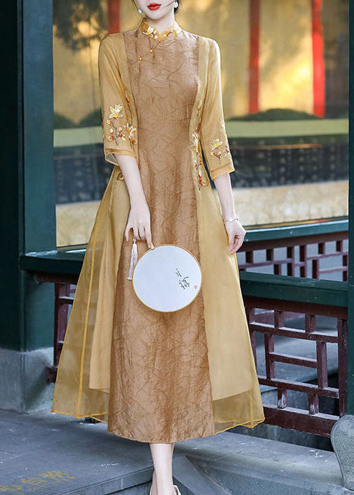 Apricot Embroidered Patchwork Silk Dress Stand Collar Spring