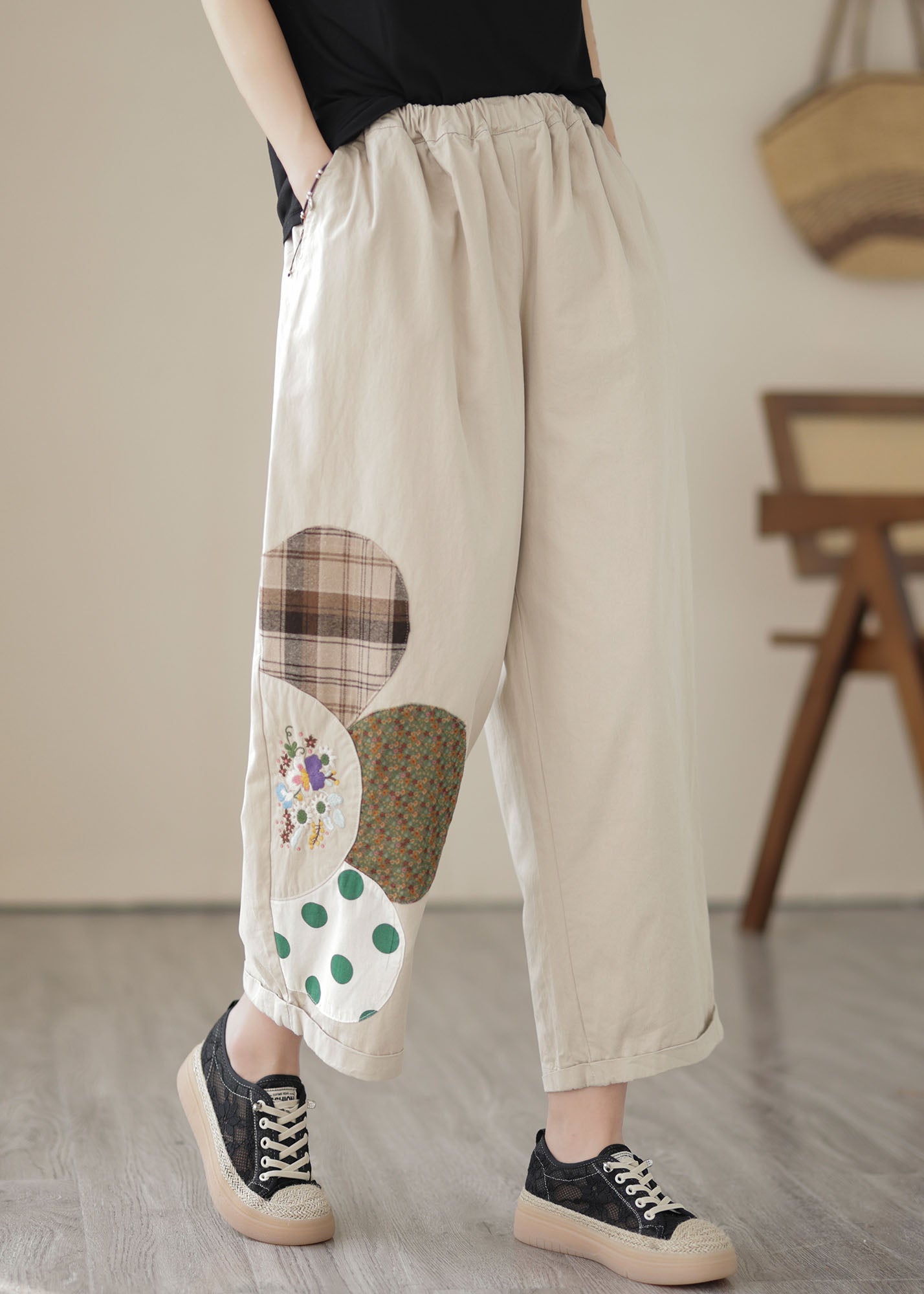 Apricot Pockets Patchwork Embroidered Cotton Straight Cropped Summer Pants