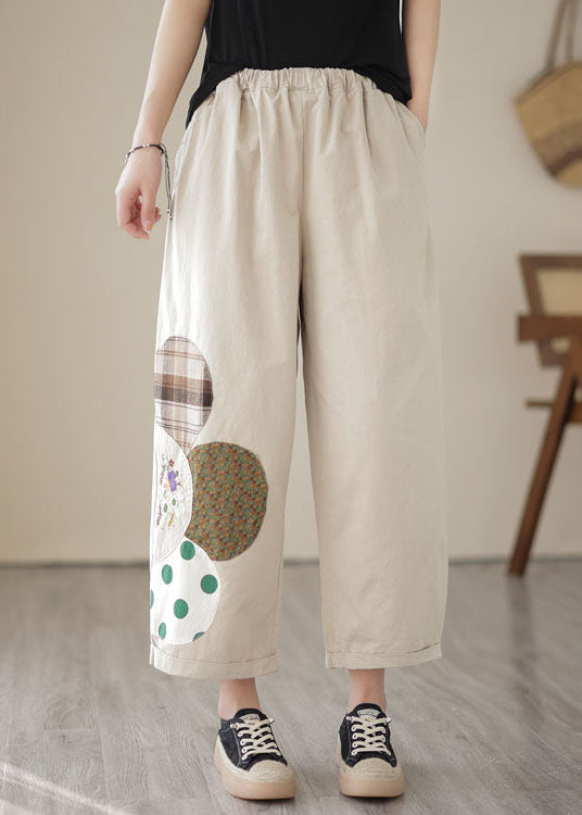 Apricot Pockets Patchwork Embroidered Cotton Straight Cropped Summer Pants