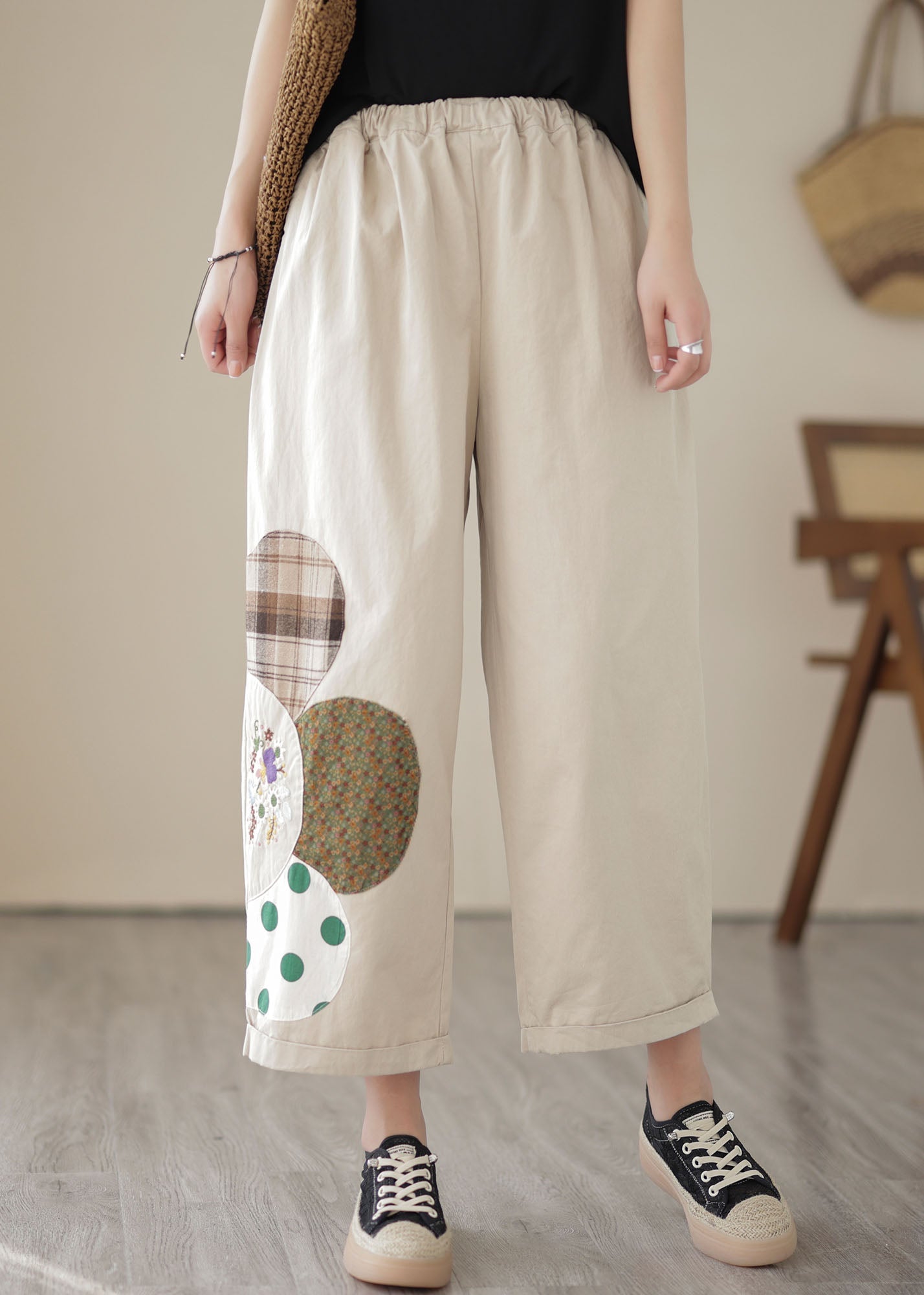 Apricot Pockets Patchwork Embroidered Cotton Straight Cropped Summer Pants