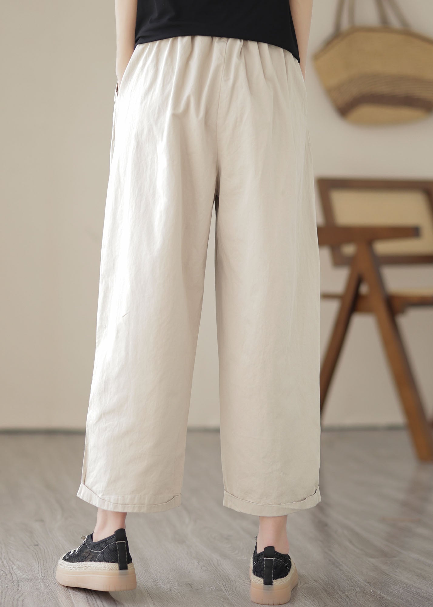 Apricot Pockets Patchwork Embroidered Cotton Straight Cropped Summer Pants