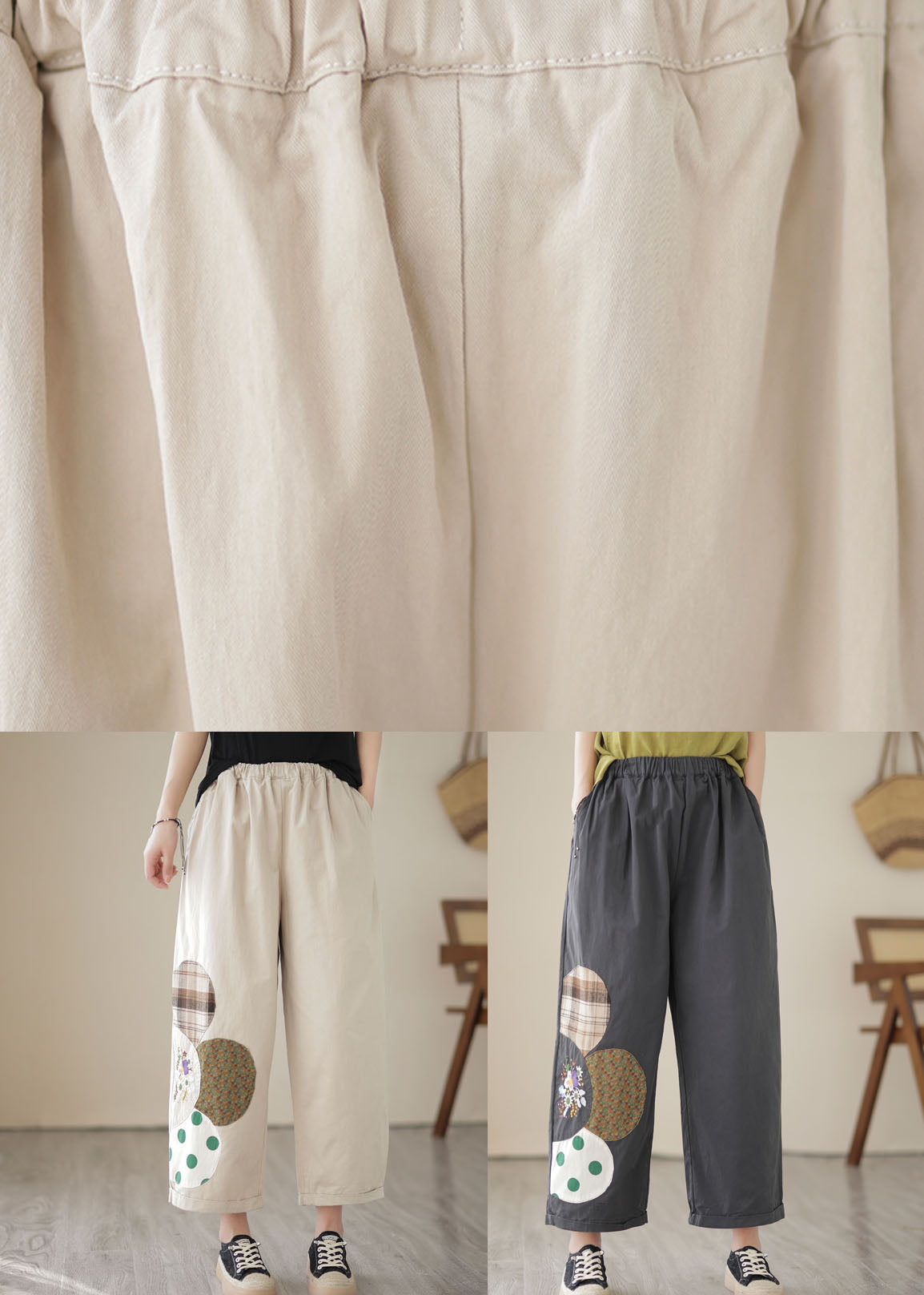 Apricot Pockets Patchwork Embroidered Cotton Straight Cropped Summer Pants