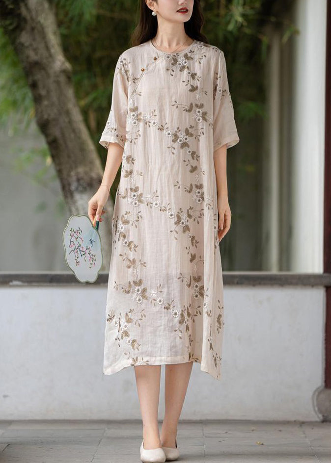 Apricot Button Linen Long Dress O Neck Half Sleeve