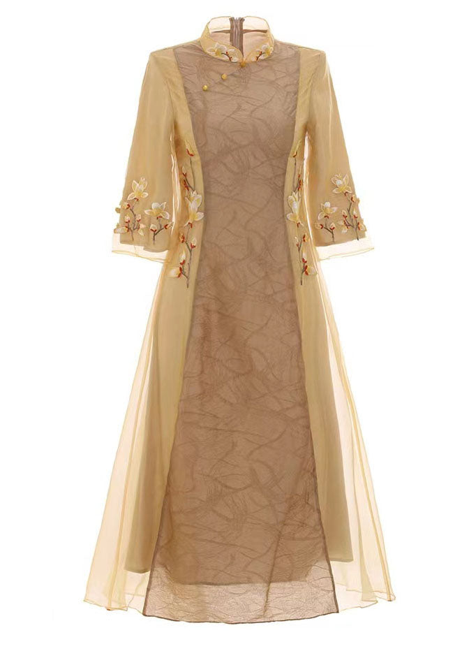 Apricot Embroidered Patchwork Silk Dress Stand Collar Spring