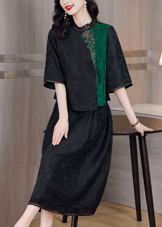 Artistic Black Embroidered Silk Top and Skirts Two-Piece Summer Suit