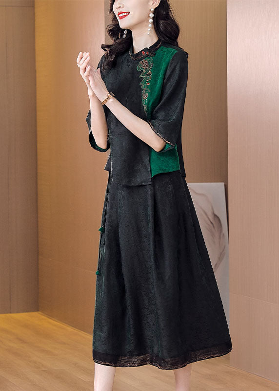 Artistic Black Embroidered Silk Top and Skirts Two-Piece Summer Suit