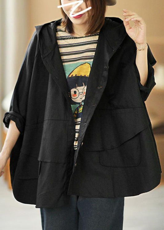 Art Button Loose Pockets Fall Hooded Black Coat Long sleeve