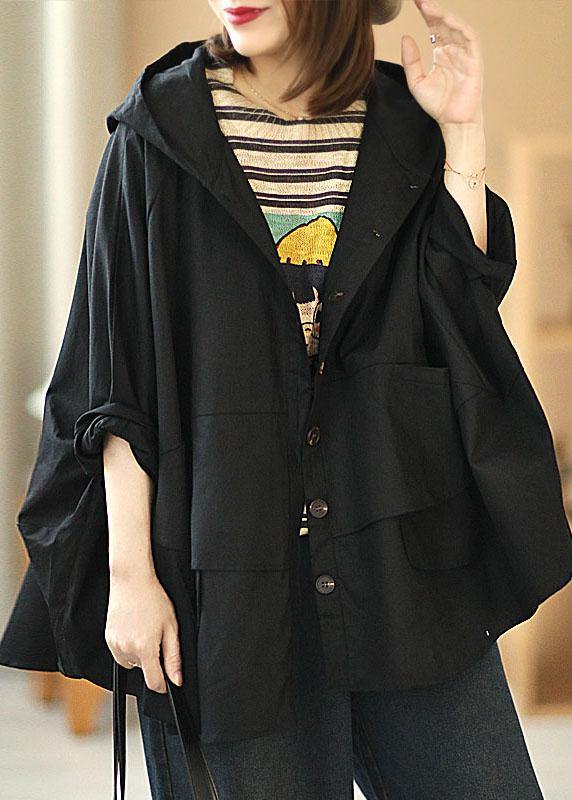 Art Button Loose Pockets Fall Hooded Black Coat Long sleeve