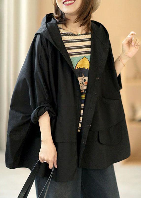 Art Button Loose Pockets Fall Hooded Black Coat Long sleeve