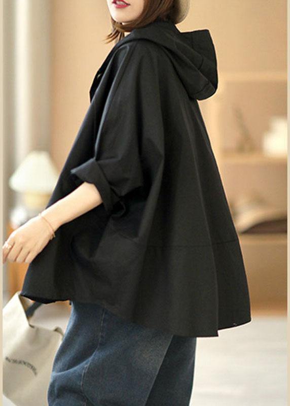 Art Button Loose Pockets Fall Hooded Black Coat Long sleeve