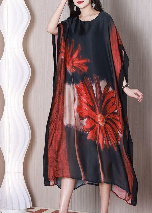 Art Black Print Silk Maxi Oversized Dress Batwing Sleeve