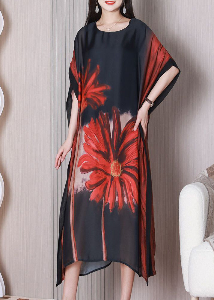 Art Black Print Silk Maxi Oversized Dress Batwing Sleeve