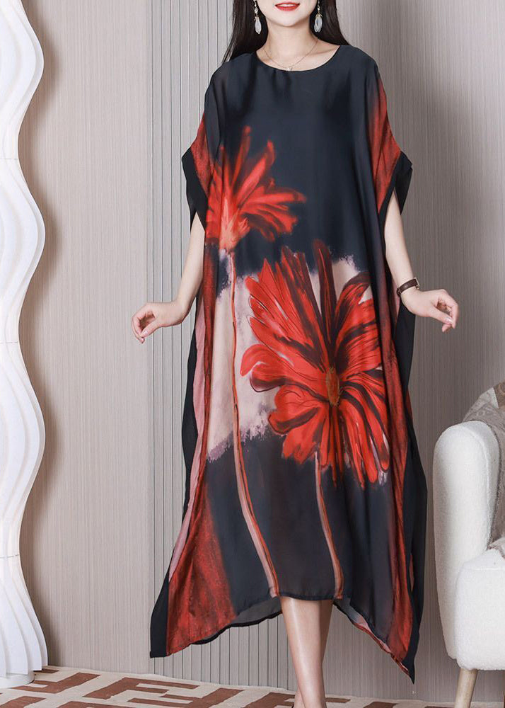 Art Black Print Silk Maxi Oversized Dress Batwing Sleeve