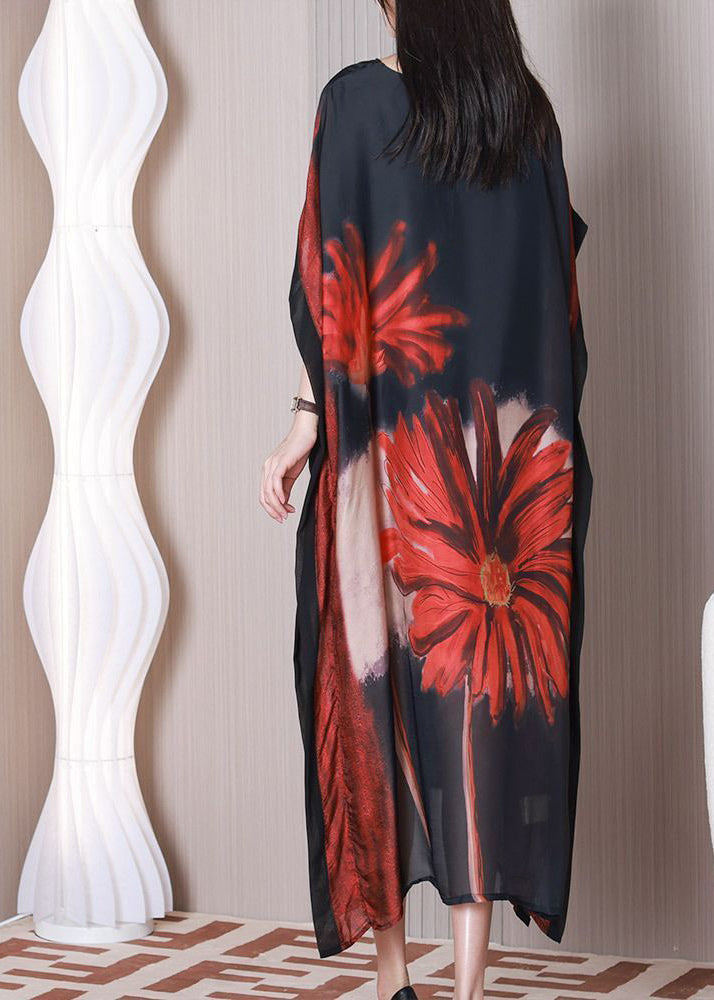 Art Black Print Silk Maxi Oversized Dress Batwing Sleeve